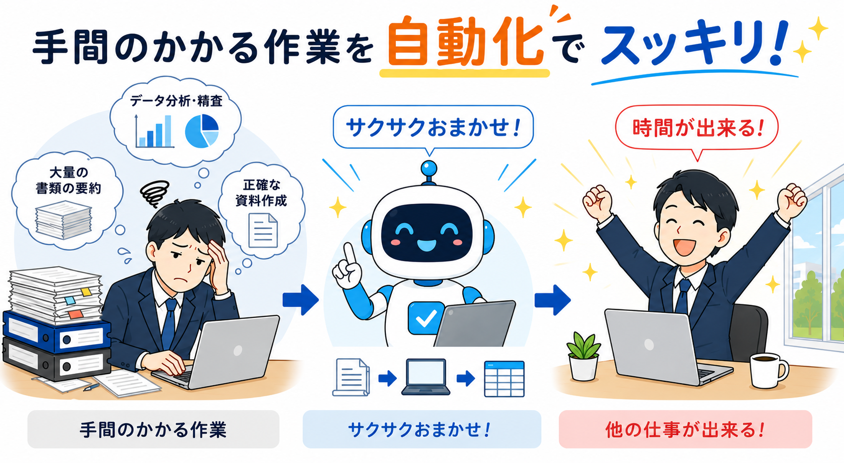 手作業 → AIにおまかせ → 他の仕事ができる、の3ステップ図